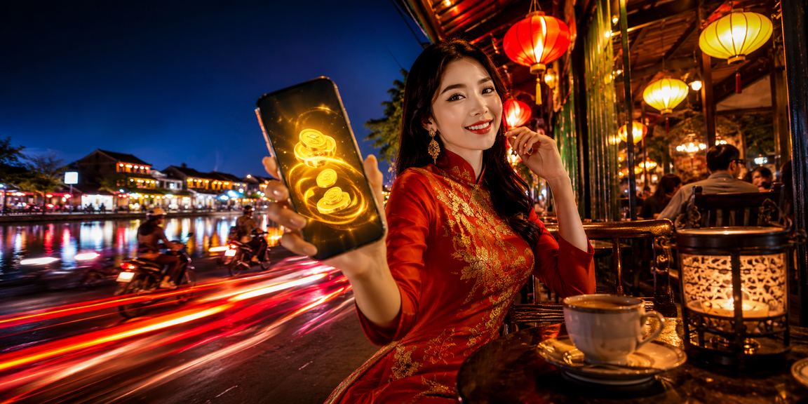 Du khách tại Hội An xem thông tin hoàn tiền và ưu đãi trên điện thoại bên ly cà phê